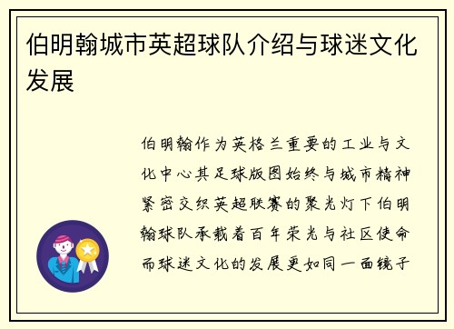 伯明翰城市英超球队介绍与球迷文化发展